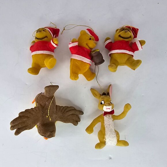Vintage Christmas Winnie The Pooh & Friends Flocked Ornaments Set Of 5 - Picture 2 of 9